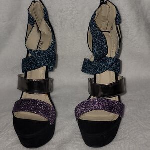 Black, silver, blue, purple heeled sandals